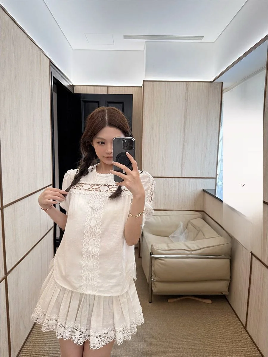 

Летний женский костюм из хлопка и льна с кружевной отделкой, защита от солнца, комплект из двух предметов, круглый вырез, для девочек и подростков...