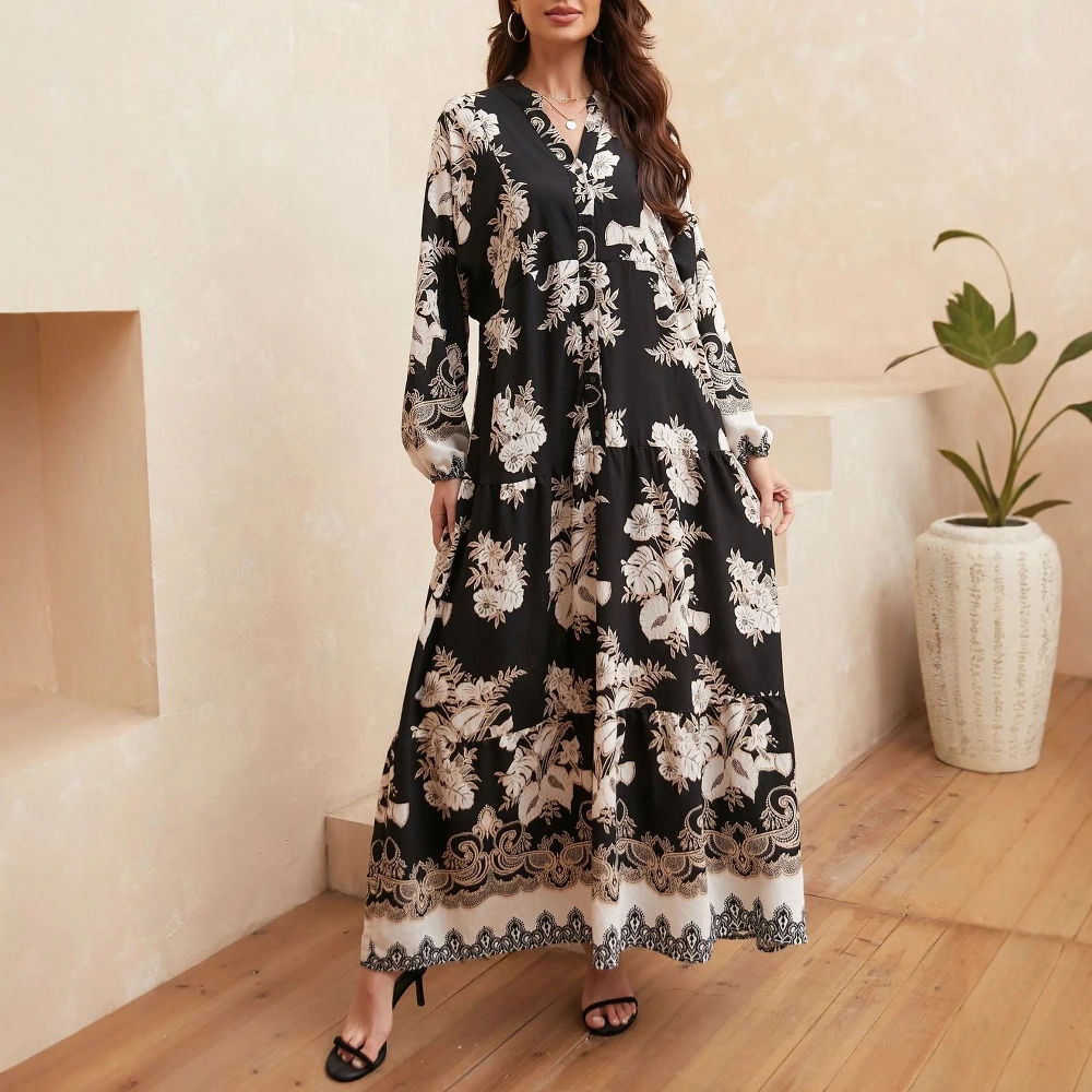 Women's Retro Vintage Full Print Dress Lantern Sleeve V-Neck Loose Fit All Season Vacation Casual Maxi Dress