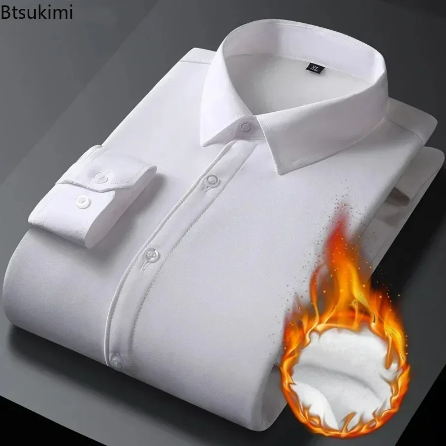 2026 Men's Autumn Winter Long Sleeve Shirts White Warm Fleece Stretch Shirt Formal Business Office Wear Dress Shirts Male M-5XL