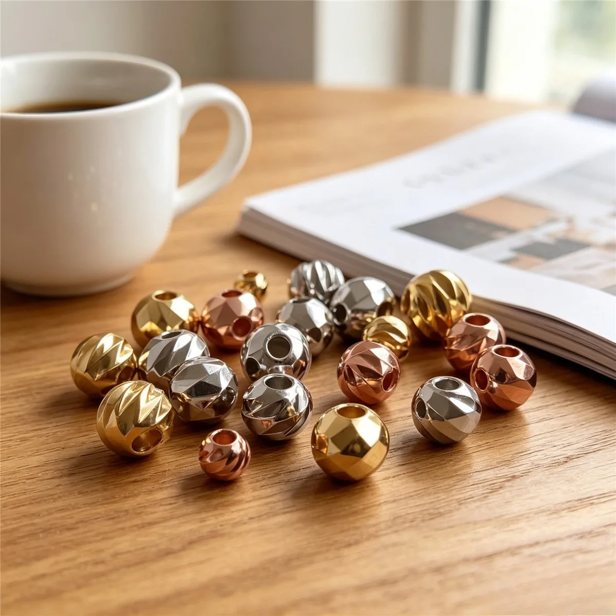 18K Gold Plated Beads White Gold Rose Gold Horizontal Cut Flower Melon Strip Round Spacer Beads DIY Jewelry Loose Findings