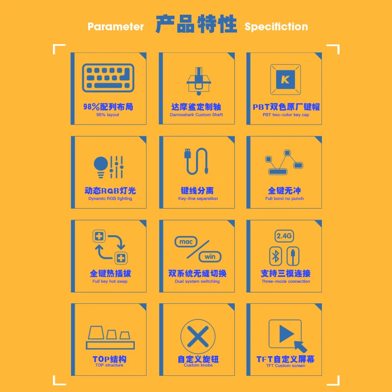 Darmoshark TOP98 Mechanical Gaming Keyboard Customizable Side-Engraved Triple-Mode Plug-and-Play Hot-swappable Dedicated Switch