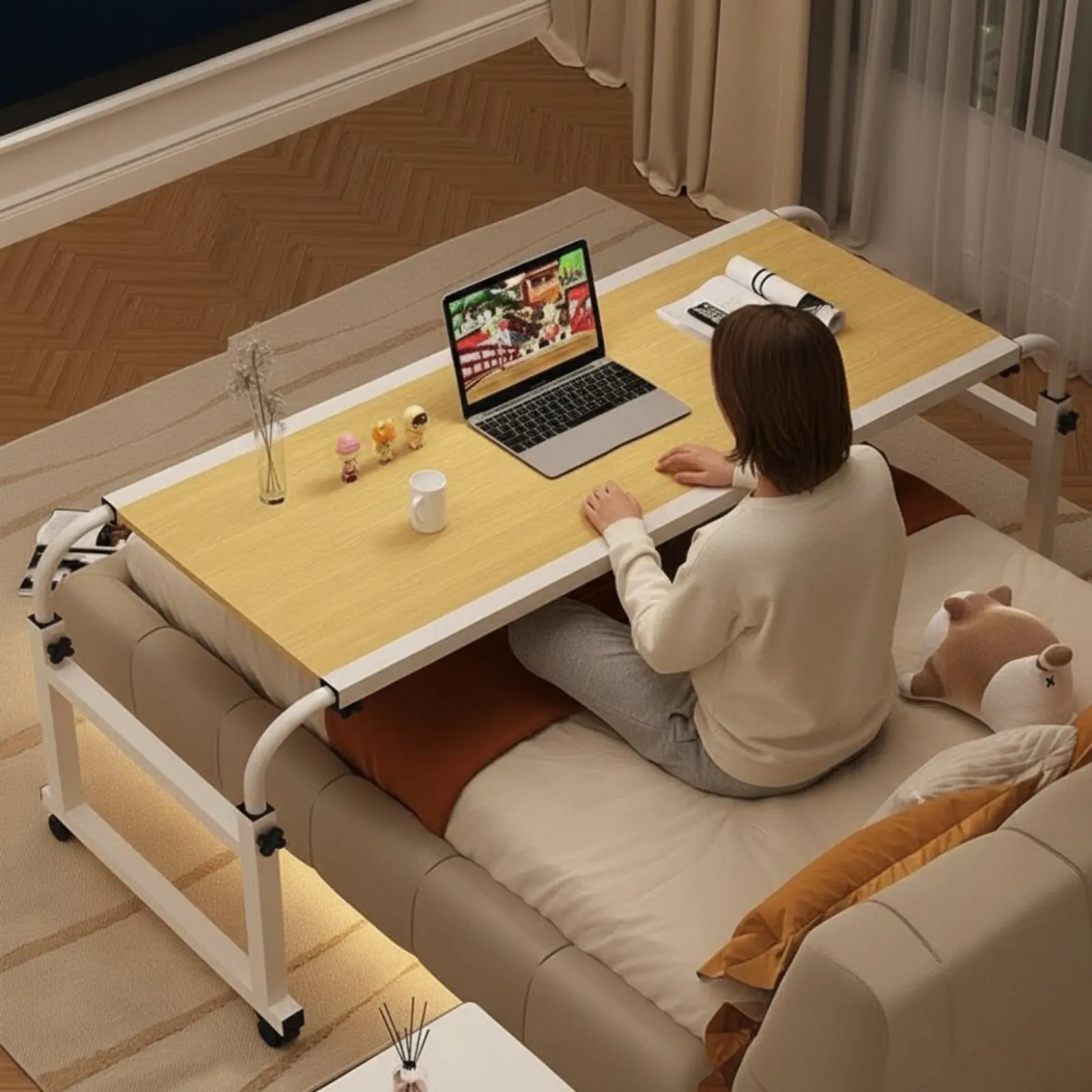 Scrivania Regolabile da Letto Multifunzionale, Tavolo da Studio a Croce, Scrivania a C Regolabile con Bordo Rialzato, Tavolo per Computer con Ruote