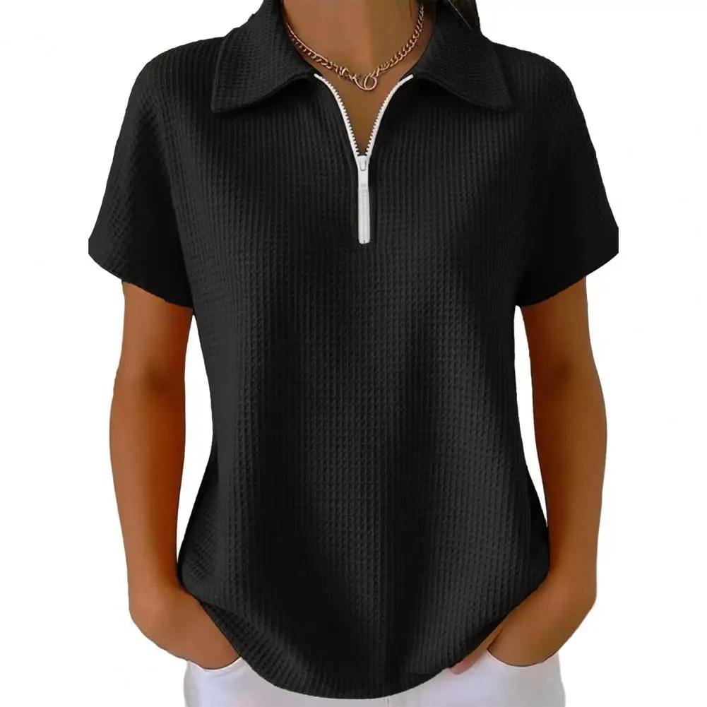 

Opaque Regular Fit Tops Women’s Lapel Short Sleeve Shirt Tops Waffle Texture Blouses Zipper Half Placket Loose Fit for Home