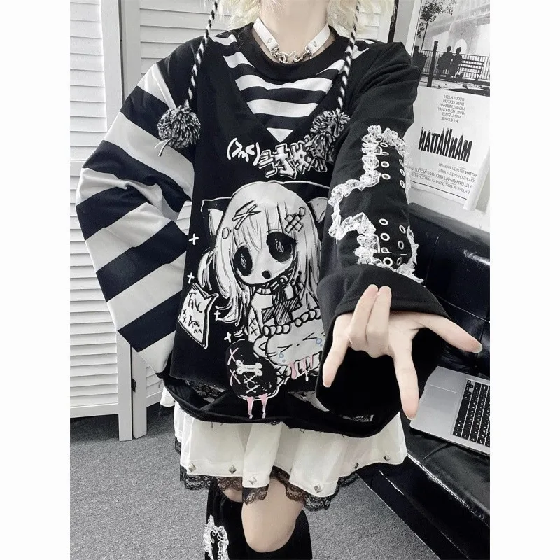 

Subculture Punk Long Sleeve Sweatshirts Women Y2k Clothing Harajuku Gothic Striped T-shirts Outwear American Vintage Tops Chic