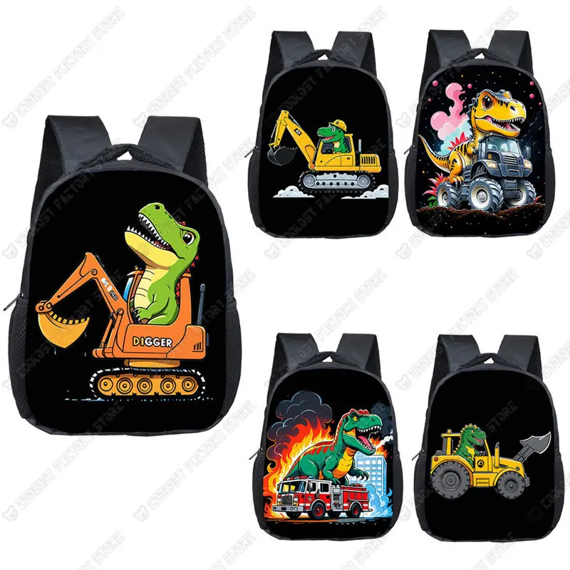 Cute Dinosaur Engineering Vehicle Print Backpack Excavator Fire Truck Children School Bags Baby Kindergarten Backpack Diaper Bag