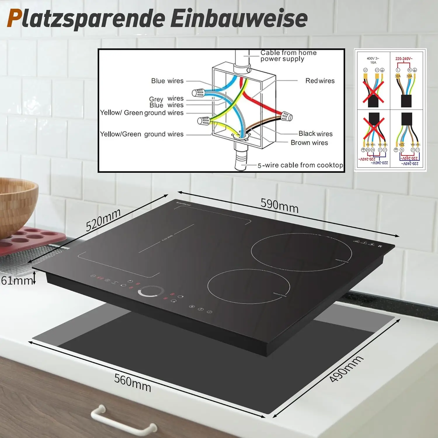 موقد كارينير التعريفي 4 مناطق مع منطقة مرنة، مدمج 60 سم بدون قابس، تحكم دائري، معزز، مؤقت، 220 فولت - 240 فولت، 7200 وات #2