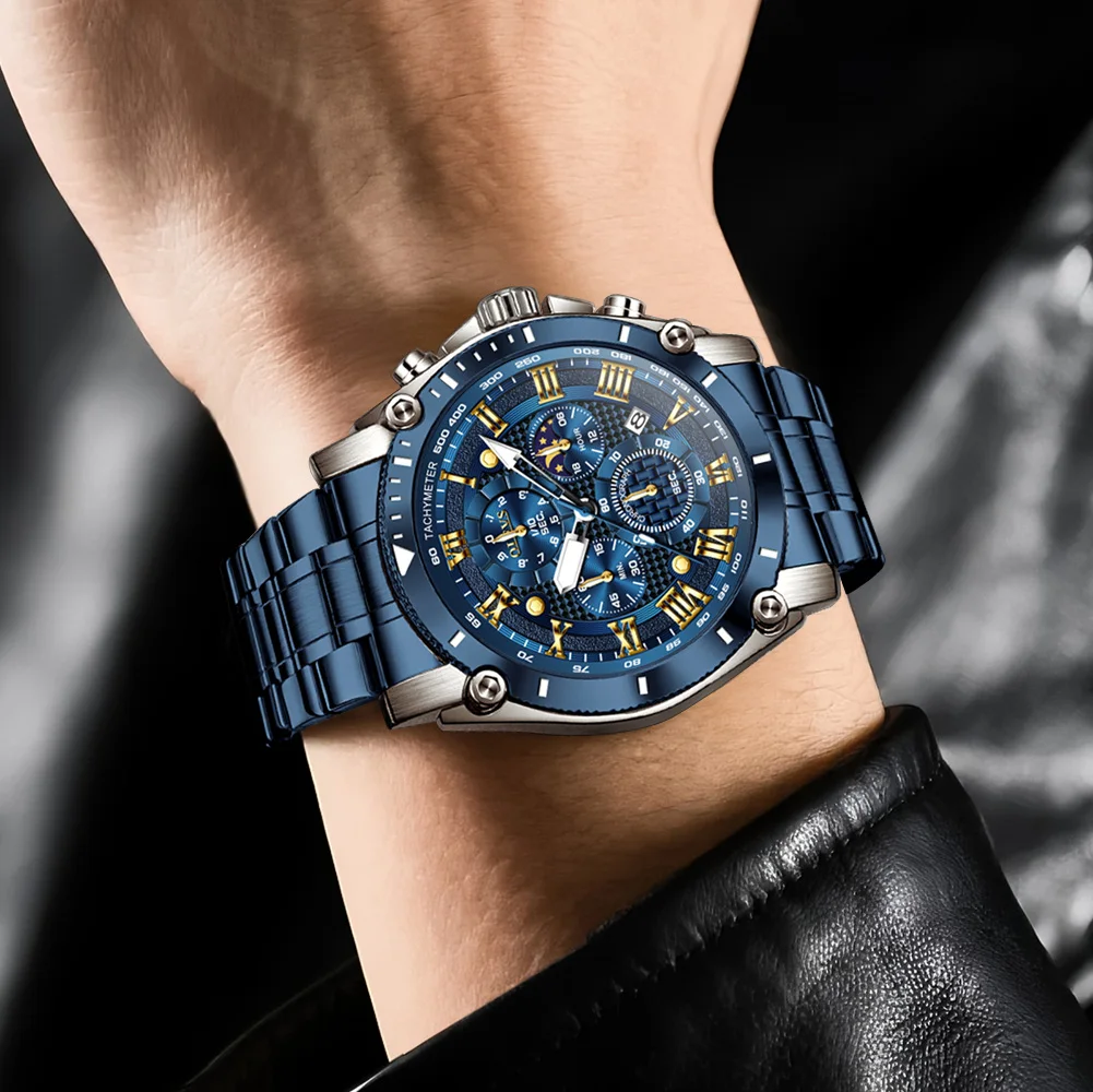 OLEVS Роскошный синий ремешок из нержавеющей стали, модный хронограф, кварцевые часы для мужчин, водонепроницаемые светящиеся Relogio Masculino OLEVS Роскошный синий ремешок из нержавеющей стали, модный хронограф, кварцевые часы для мужчин, водонепроницаемые светящиеся Relogio Masculino 