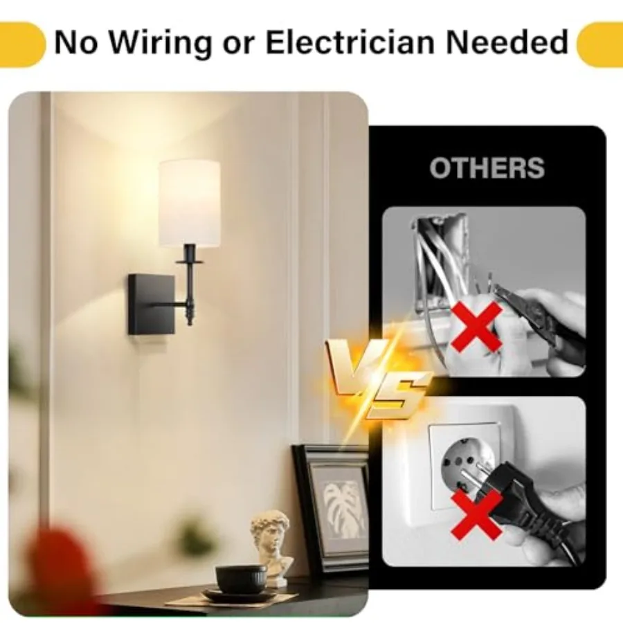 Battery Operated Wall Sconces Set of 2 with Remote Rechargeable Wireless Wall Lights with Beige Fabric Shade Indoor Not Hardwir