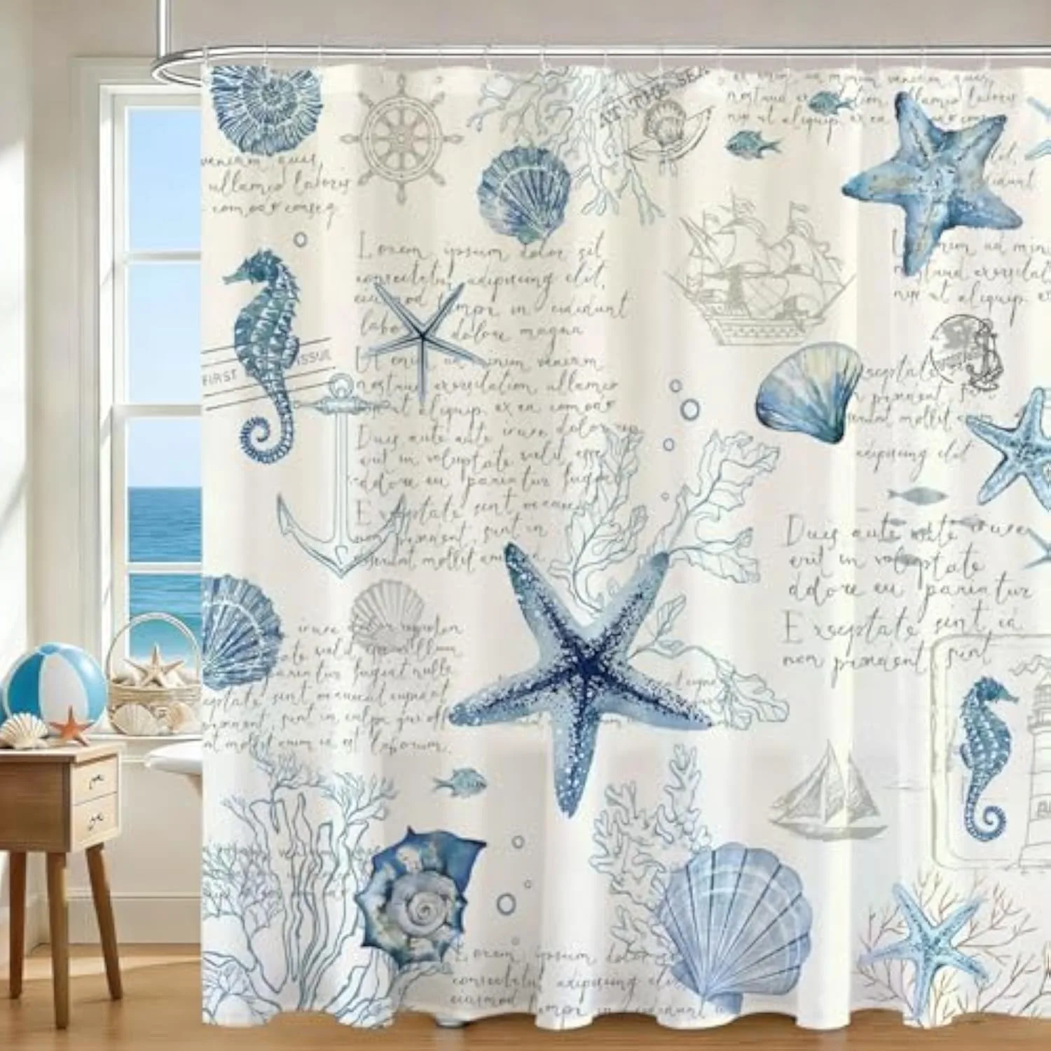 Nautical Coastal Shower Curtain Retro Ocean Seashell Starfish Coral Bathroom Shower Curtain Underwater Shower Curtains Bathtub