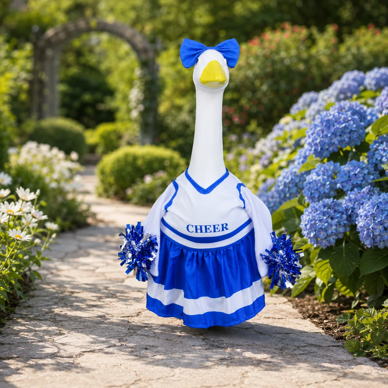 Blue Cheerleader Porch Goose Costume with Bow & Pom Poms, Fits 23-Inch Garden Goose Statue, Yard Decor, Goose Not Included