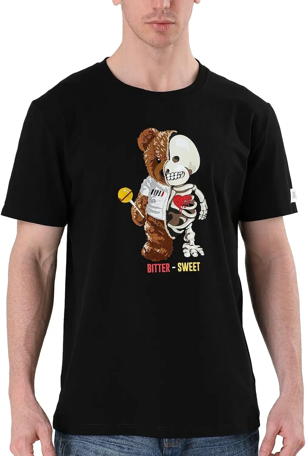 Mens Premium Technique Tees - Stylish Urban Streetwear Bitter Sweet Print Bear Graphic Rhinestone Patch T Shirt