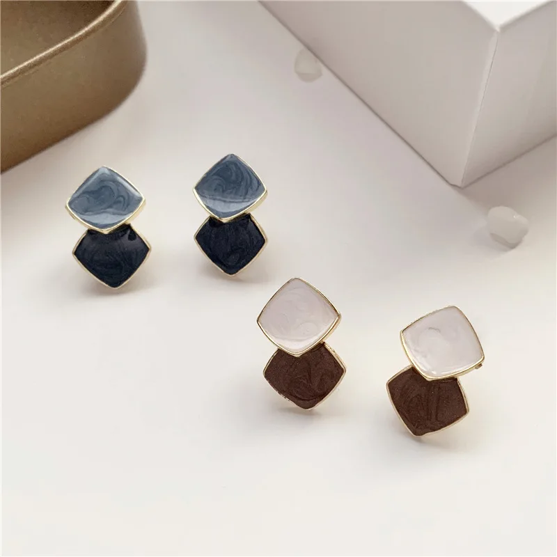 Double Layer Rhombus Drop Earrings for Women Fashion Enamel Oil Geometry Blue Brown Dangle Earrings Trendy Jewelry Gift