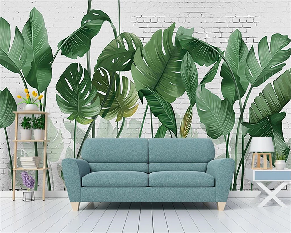 Customized products wallpaper Nordic hand-painted green brick wall plant banana leaf living room TV background 3d mural bedroom