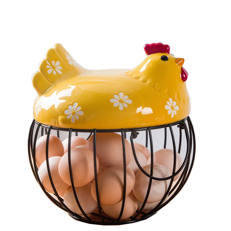 Creative Ceramic Hen Shaped Egg Fruit Iron Basket Garlic Potato Sundries Kitchen Storage Iron Basket