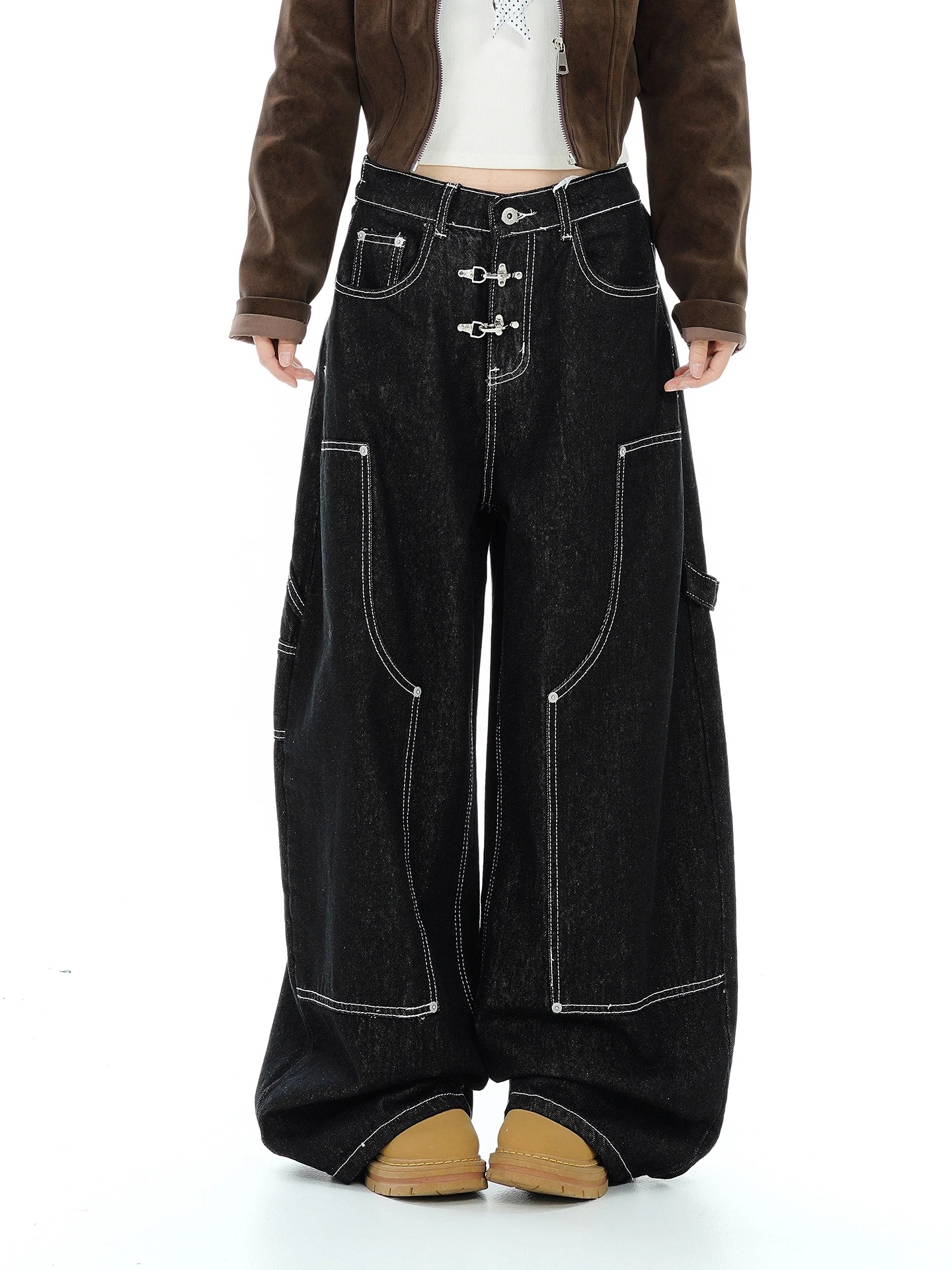 Street Style Loose Women's Work Pants Aircraft Buckle Wide Leg Casual Trousers Comfortable Loose Fit Autumn New Arrival
