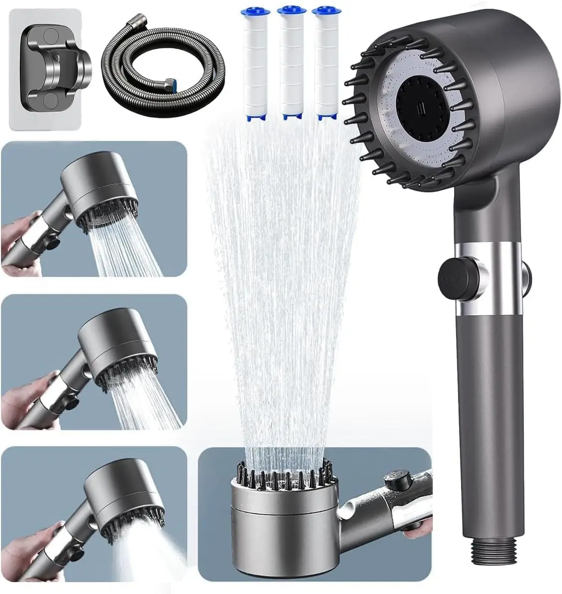 Ion Drops Shower Head, Shower Head High Pressure, Ion Showerhead with Handheld and 3 Filters, 4 Spray Modes & Pause Switch, Silicone Scalp Massager, 59