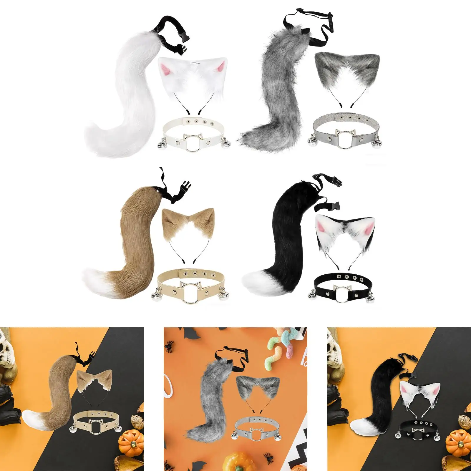 Cat Fox Ears and Tail Set Bell Ring Ear Headband for Birthday Role Play Carnival