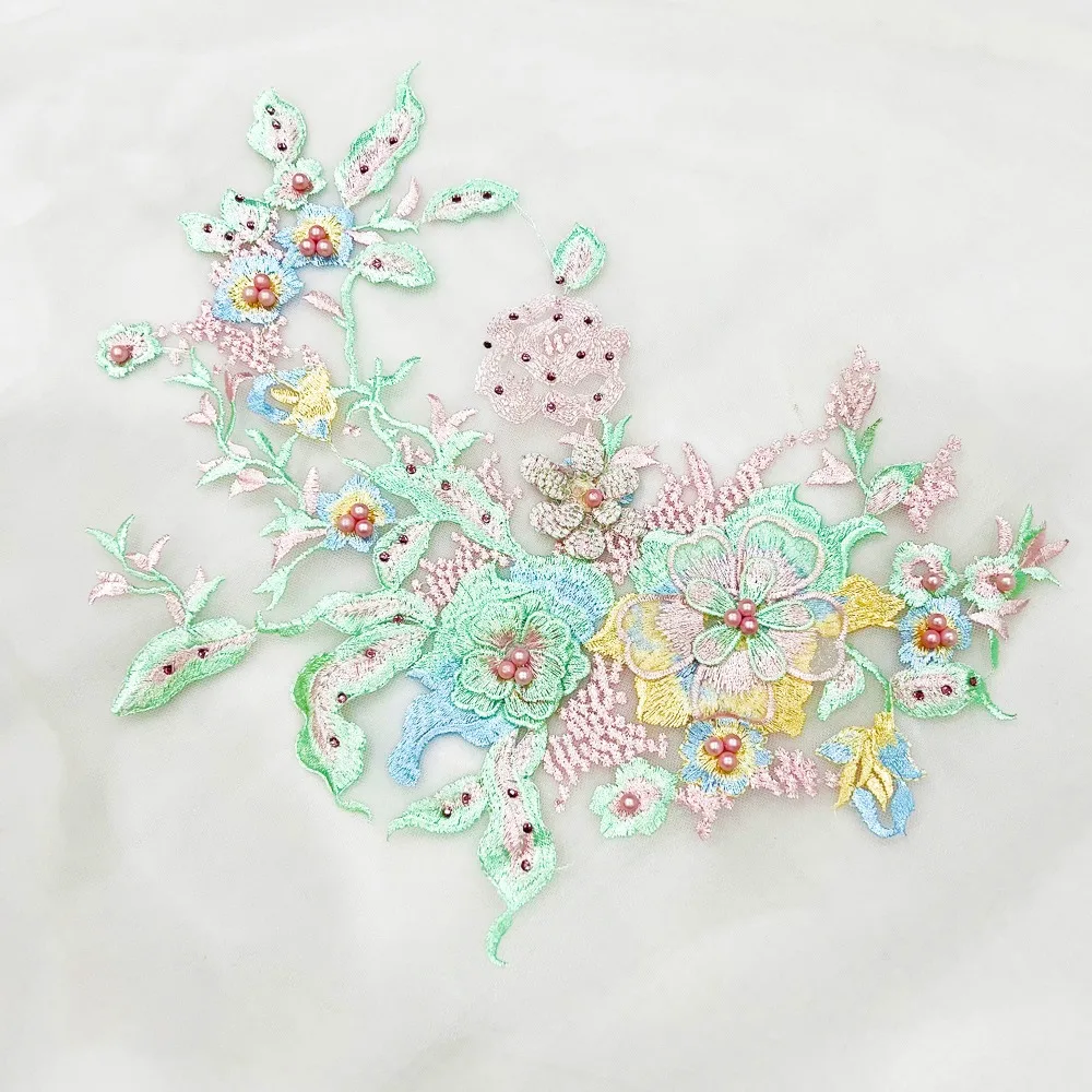 

3D Flowers 3D Embroidered Patches Flower Lace Mesh Lace Sewing On Patches Colorful Sequined Elegant Beaded Lace Applique