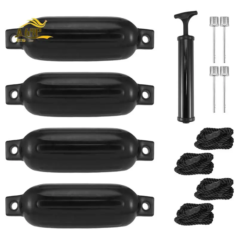 

A69P-Boat Fenders 4 Pack 4.5X16 Inch Inflatable Ribbed Marine Boat Fender With Fender Lines 6.5 Ft Needles And Pump
