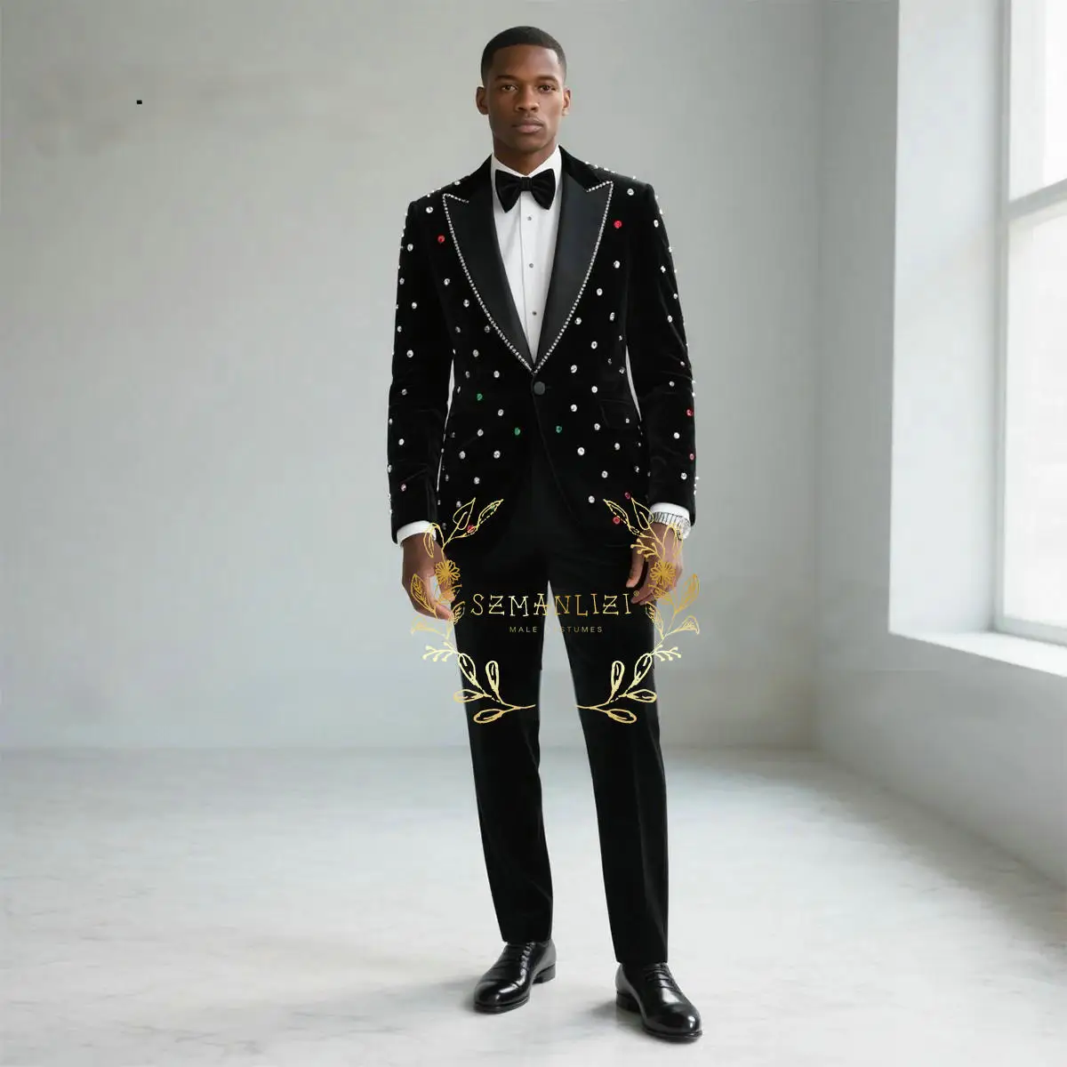 

Black Men Suits Set 2 Piece Blazer Pants Luxury Crystals Groom Wedding Tuxedo Single Breasted Custom Made Prom Velvet Blazer
