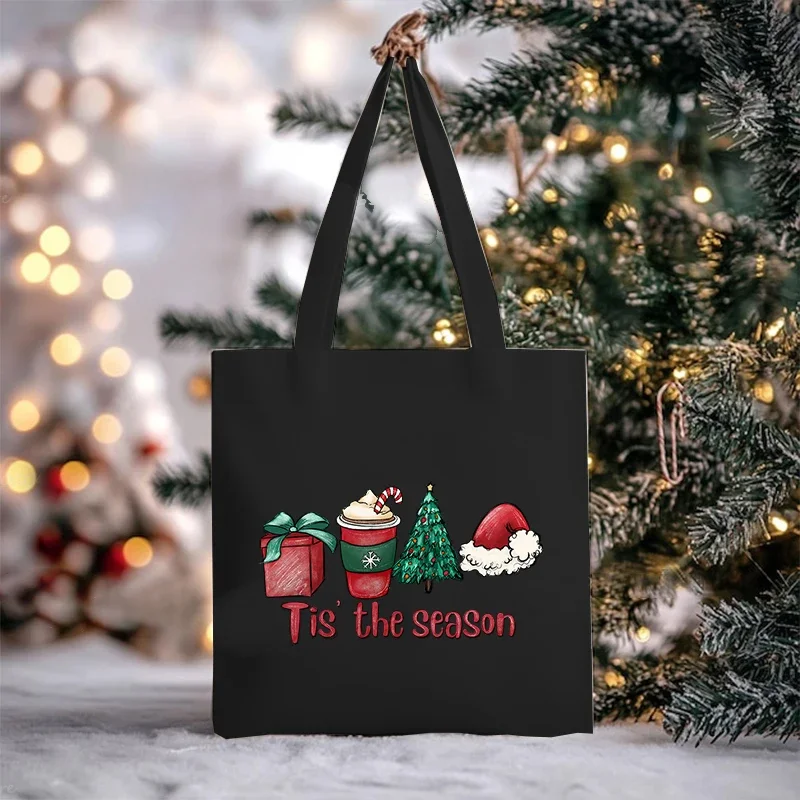 Christmas Tree Tis The Season Women\'s Handbags Xmas Gift Milk Tea Santa\'s Hat Printed Fashion Shopping Bag Portable Shoulder Bag