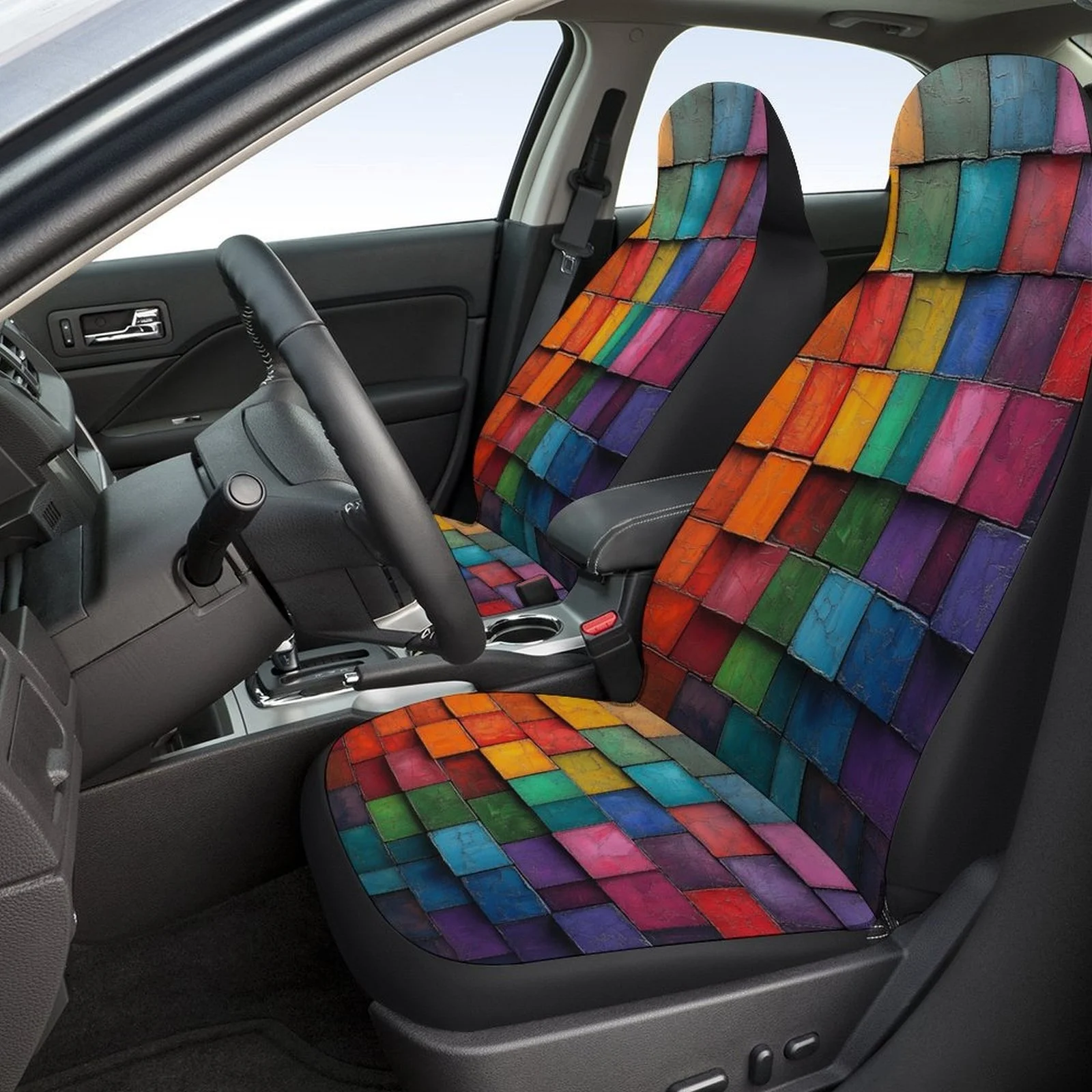 Vibrant Tile Artwork Car Seat Cover Collection Suitable For Various Vehicles, Stylish Unique Car Seat Protectors Complete Set, U