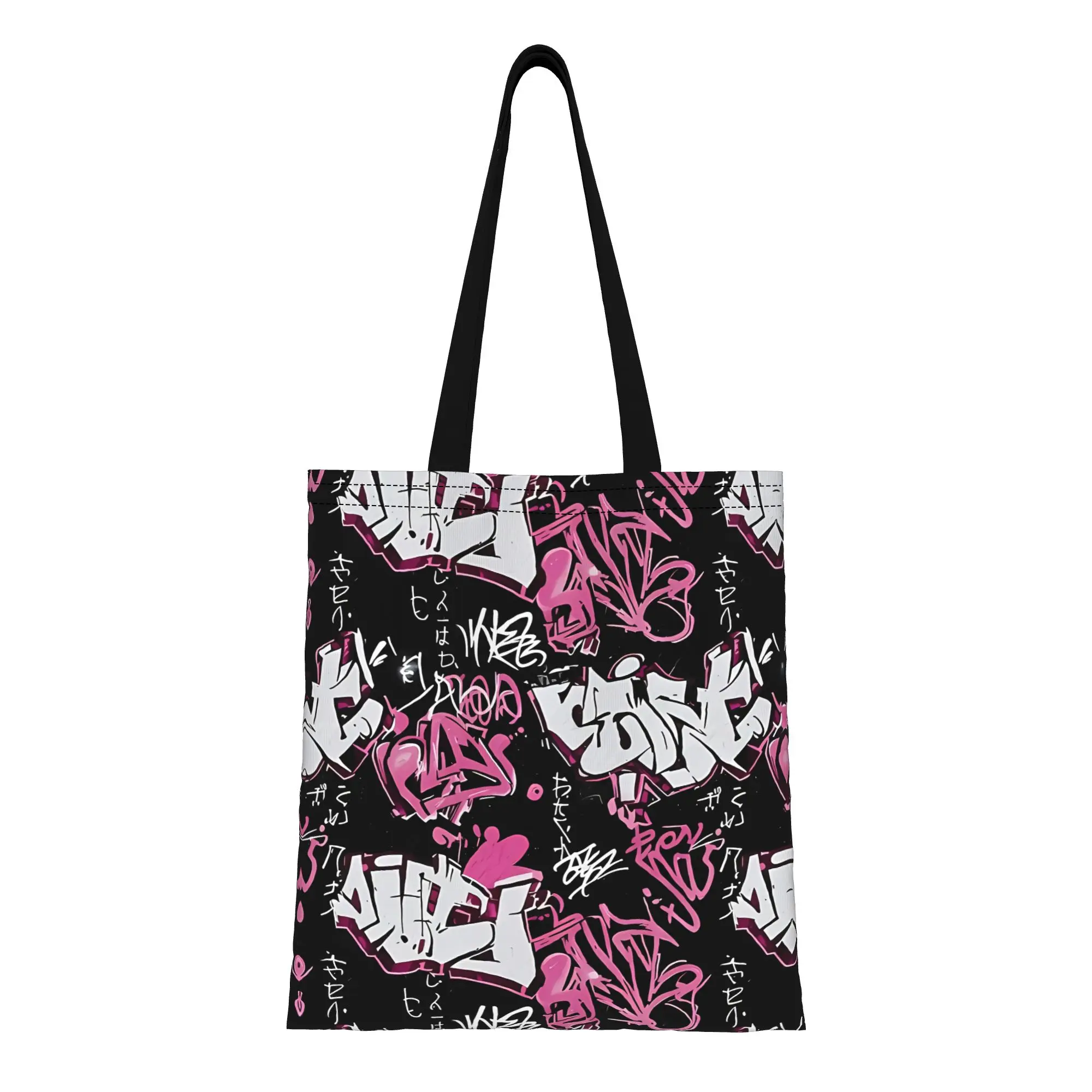 Y2K Black Artist Tags Graffiti Canvas Woman Tote Bag for Shopping Travel Outdoor Heavy Duty Shoulder Handbag