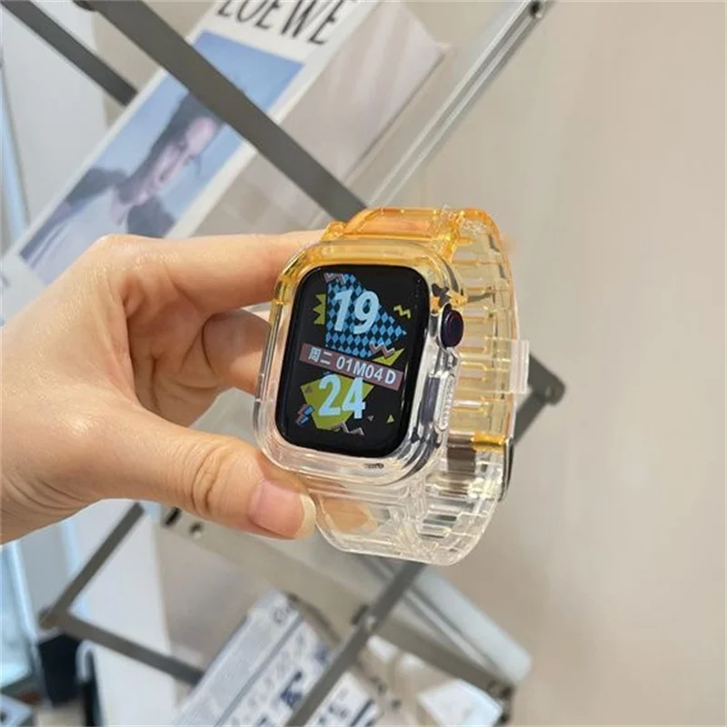 แถบบล็อกสีน่ารัก + เคสเหมาะสำหรับนาฬิกา Apple ซีรี่ส์8 7 6 SE 5 45มม. 44มม. 42มม. 41มม. โปร่งใสสำหรับ iWatch 3 38มม. 40มม.