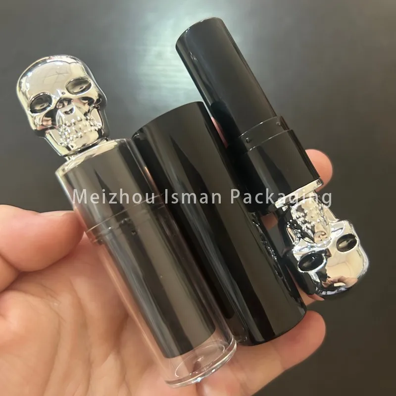 50 pçs vazio preto natal dia das bruxas metal tira crânio cabeça batom recipiente de maquiagem tubos de bálsamo labial embalagem de brilho labial