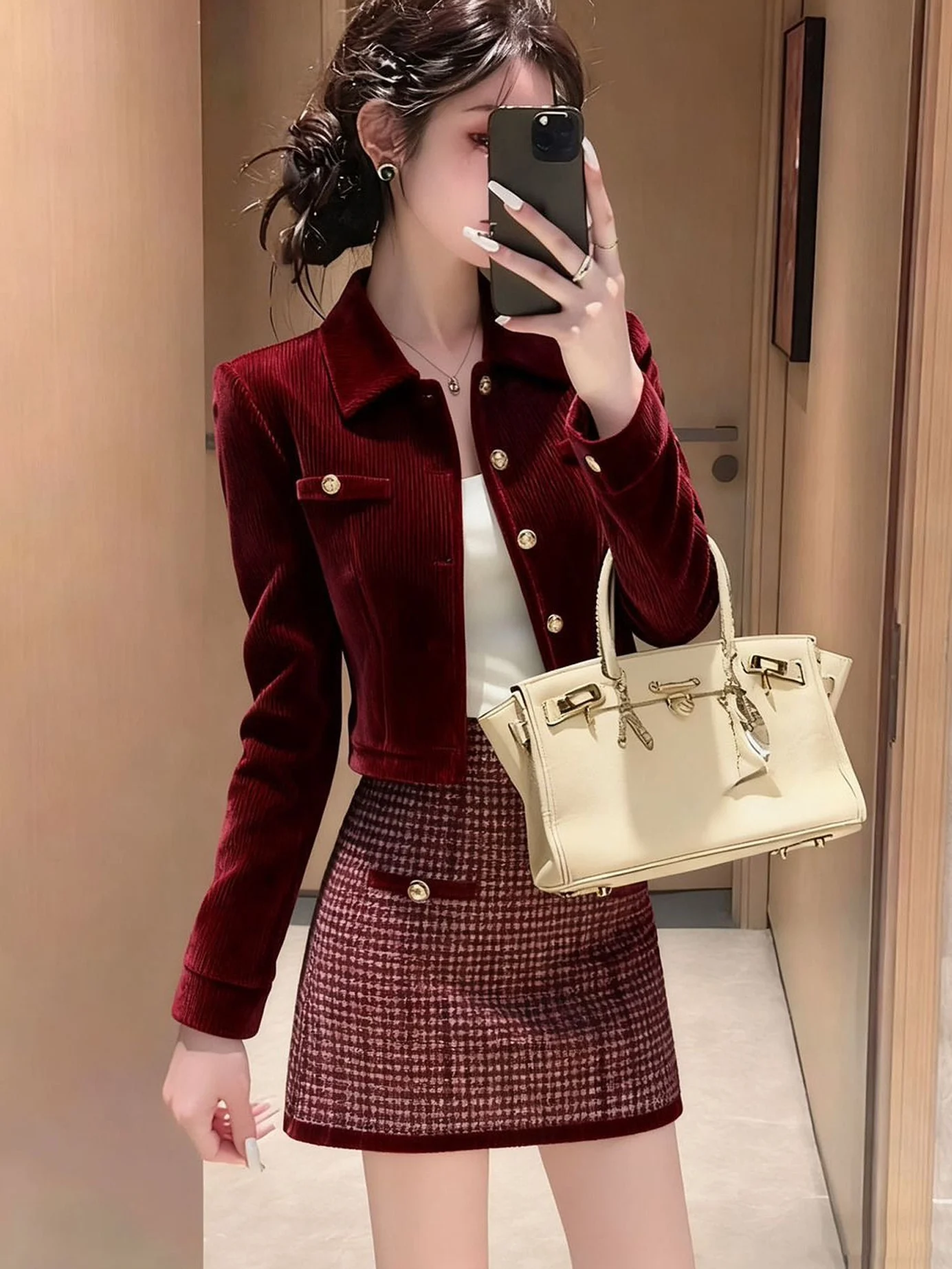 Trendy Wine Red Collar Open Cardigan Jacket Women's Autumn Versatile Short Skirt Half-length Skirt Two-piece Set Fashionable