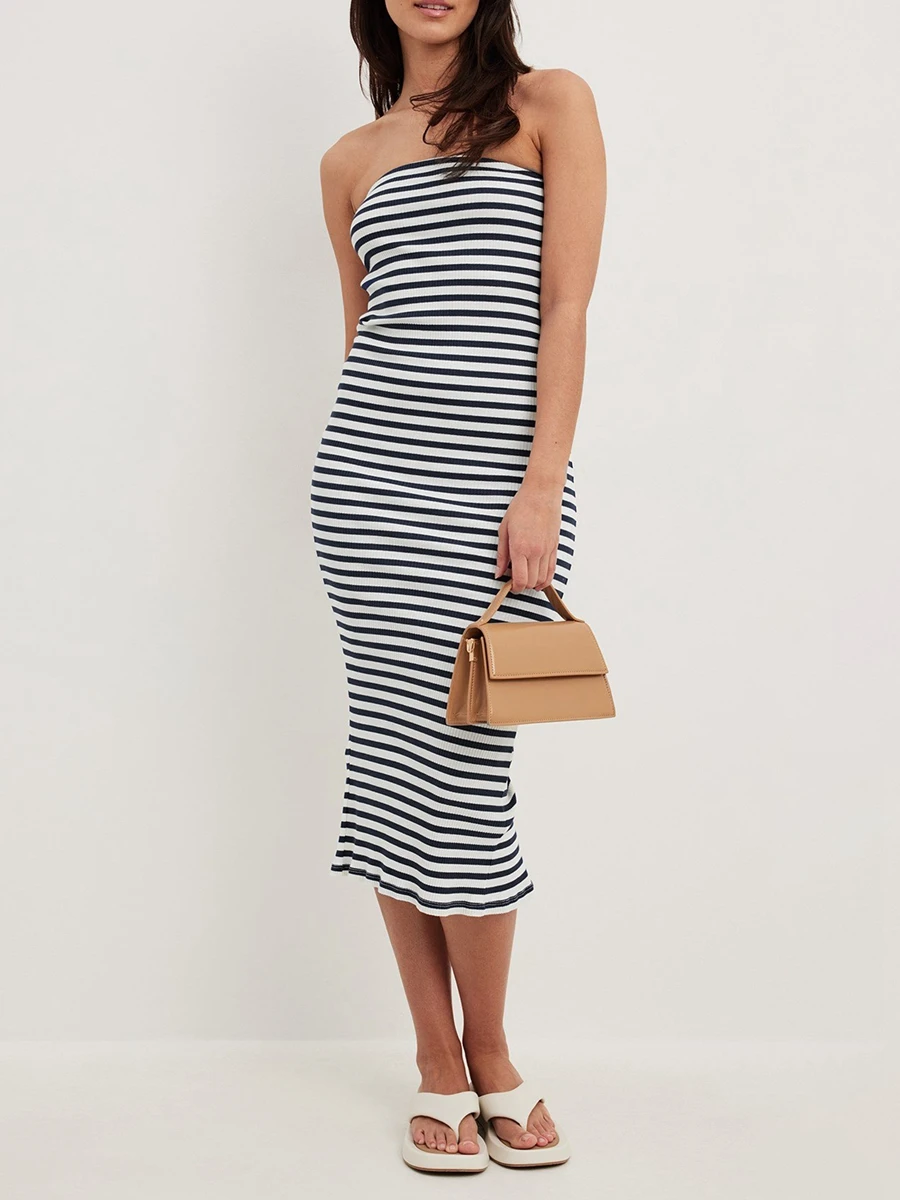 

Women Knitted Midi Bodycon Dress Stripe Strapless Boat Neck Backless Tube Dresses Elegant Female Summer Slit Party Sundress