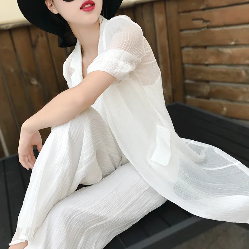 Ele – Ensemble de costume blanc pour femmes, avec manteau et pantalon à jambes larges, longueur Midi, tenue d'été professionnelle pour dames