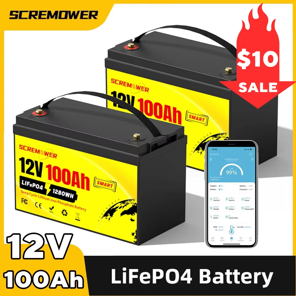 12V 100Ah LiFePO4 Lithium Battery Built-in 100A Bluetooth BMS Deep Cycle Lithium Iron Phosphate Battery for Trolling Motors Boat