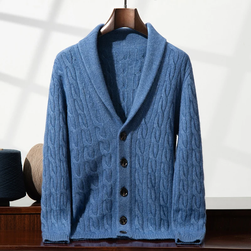 

Three-Ply Thickened 100% Cashmere Men's Cardigan Green Fruit Collar Fashionable Coat Casual Twisted Sweater Knitted Shirt