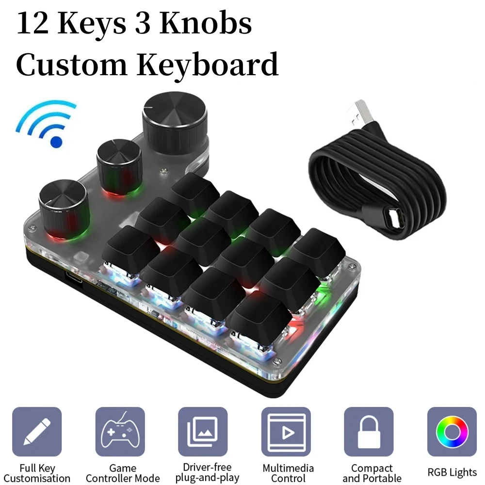 Macro Programming Custom Keyboard 12 Keys 3 Knobs One Hand Mechanical Keypad RGB One Key Copy Paste No Driver Windows IOS Shortc