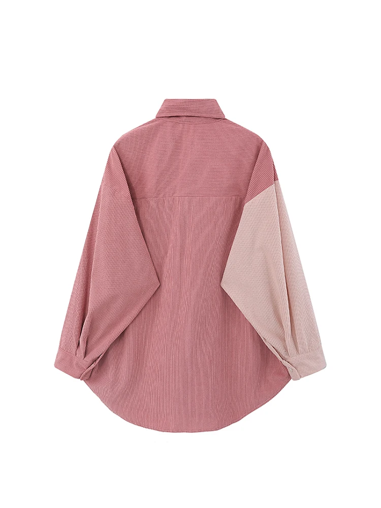 Women Pink Patchwork Shirts and Blouses Korean 2000s Harajuku 90s Vintage Elegant Streetwear Long Sleeve Two-tone Shirt Clothes