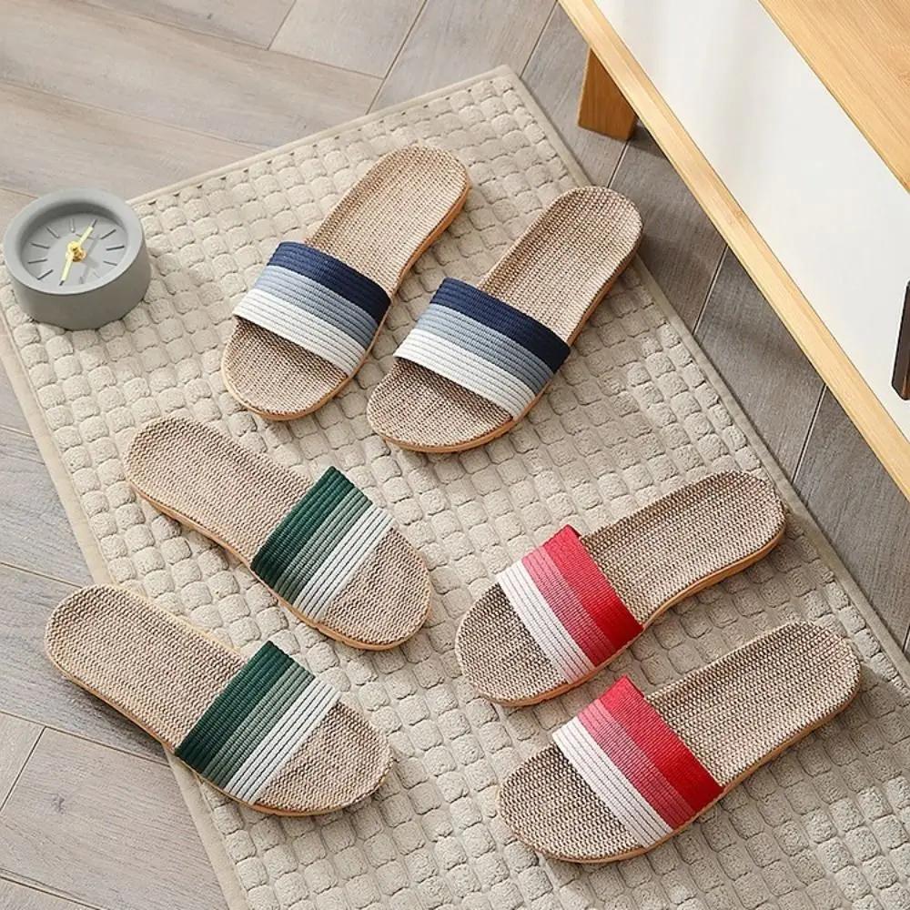 Casual Non-Slip Linen Indoor Slippers Soft Flax Men Slippers Stripe Sandals Women Slippers Home