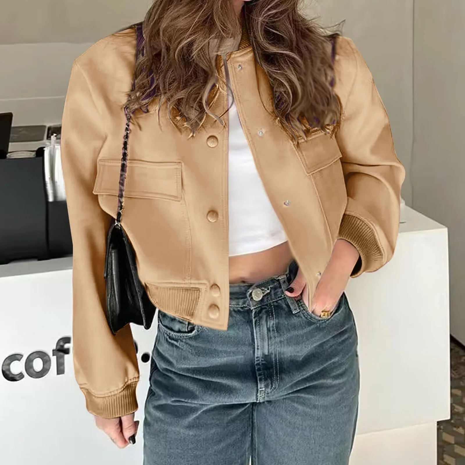 

Женская укороченная куртка-бомбер, модная уличная одежда, куртки на пуговицах, кадра с карманами, однотонное шерстяное пальто, женское пальто