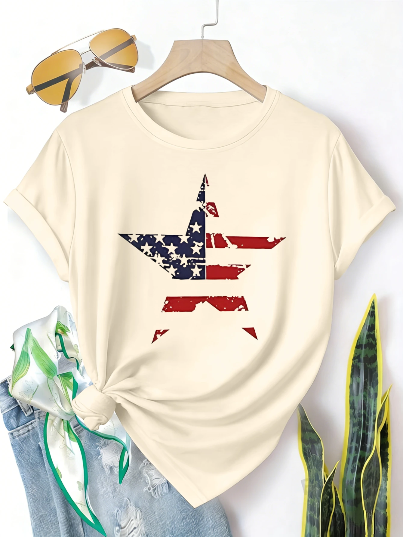 

Женская футболка больших размеров с короткими рукавами, дизайн с американским флагом и звездами, мягкая и удобная ткань, летняя одежда, женская одежда