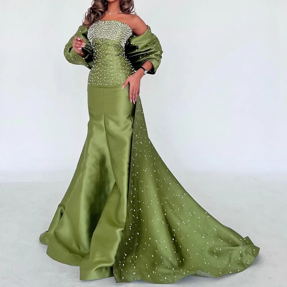 

Green Strapless Mermaid Sleeveless Satin Panel Train Floor Length Backless Bow Exquisite Evening Dress with Sequined Beading