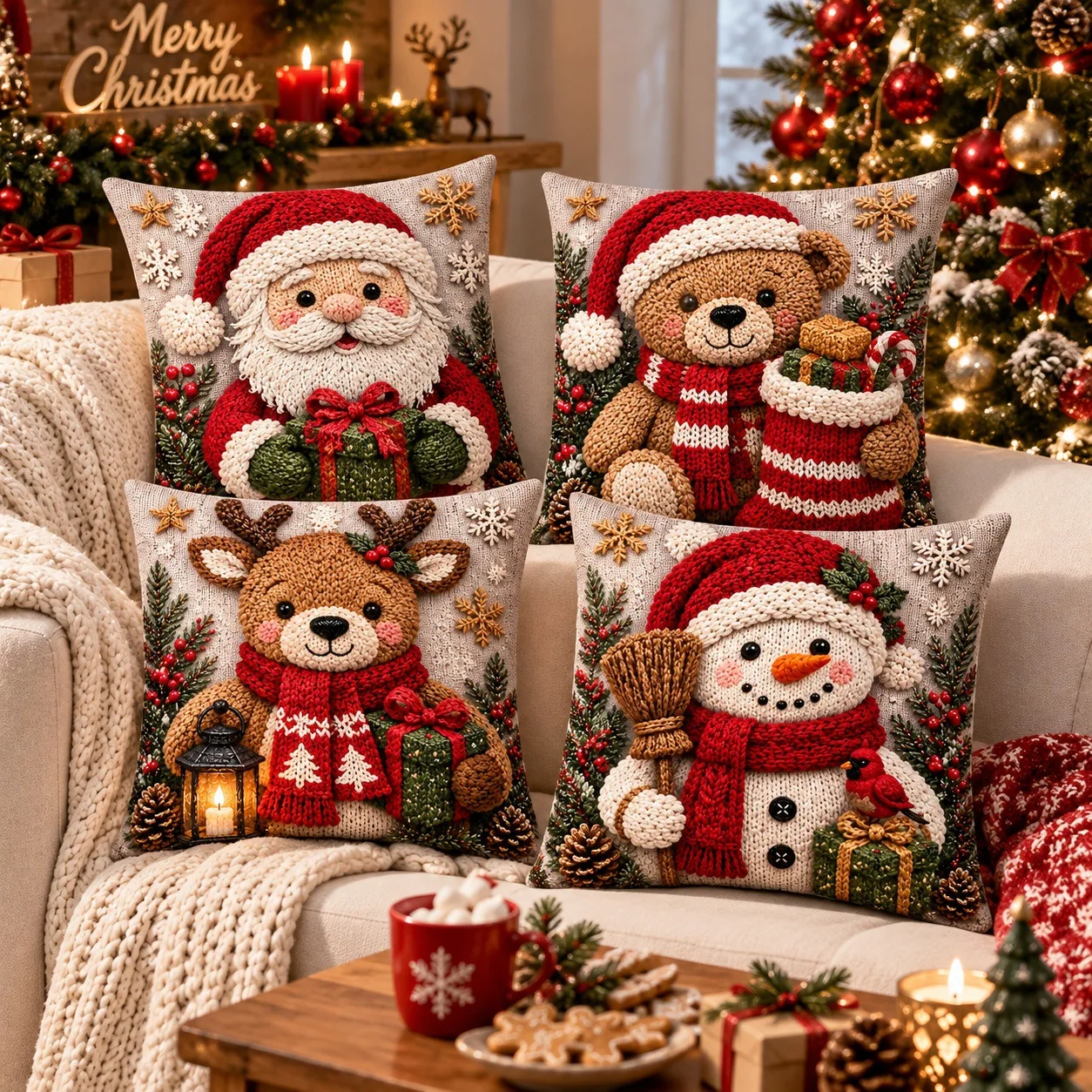 2D Flat Printing Imitation Knit Christmas Throw Pillow Covers Santa Snowman Reindeer Bear Cushion Farmhouse Xmas Sofa Decor