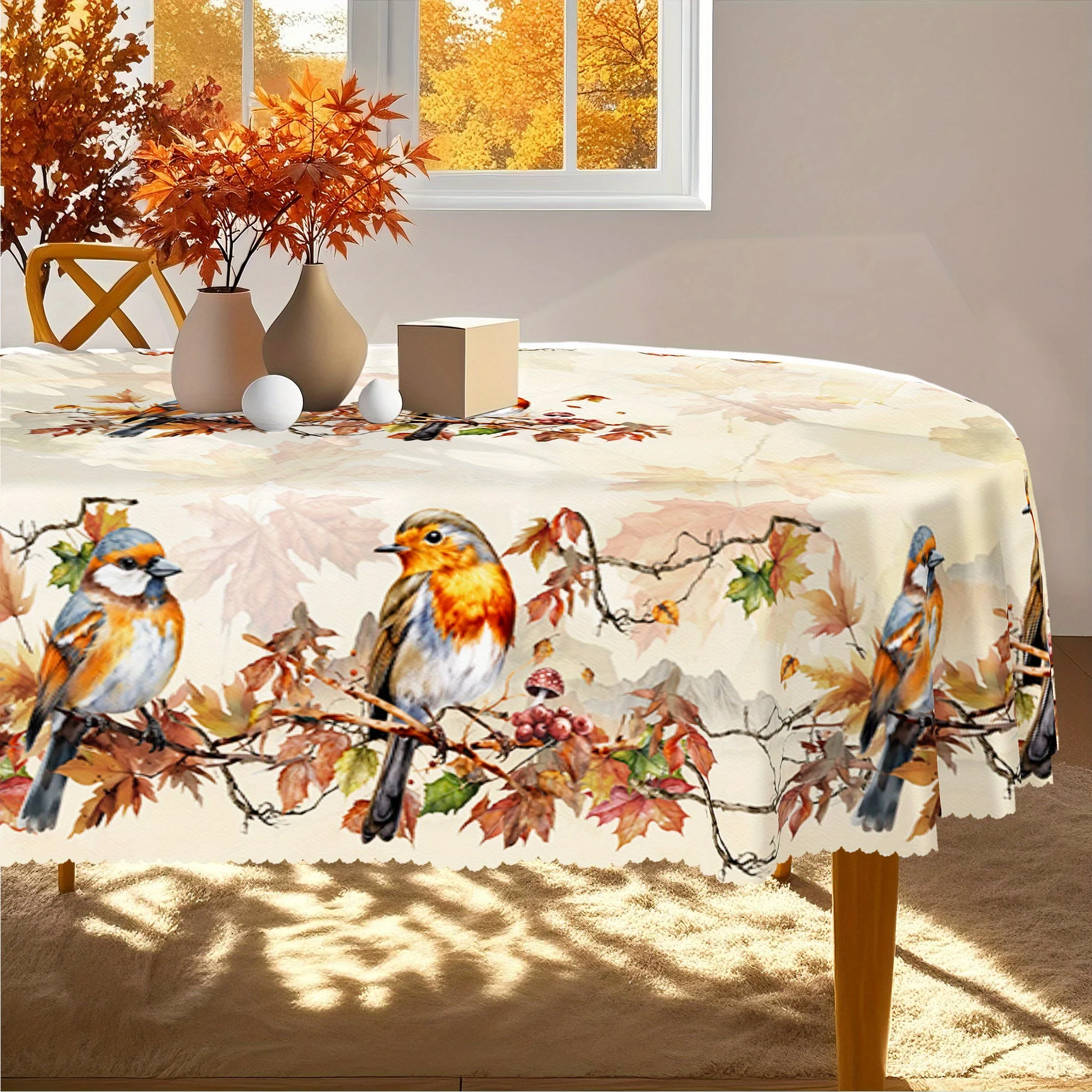 Autumn tablecloth, featuring elegant maple leaves and floral bird patterns, in a retro watercolor style, for autumn decoration.