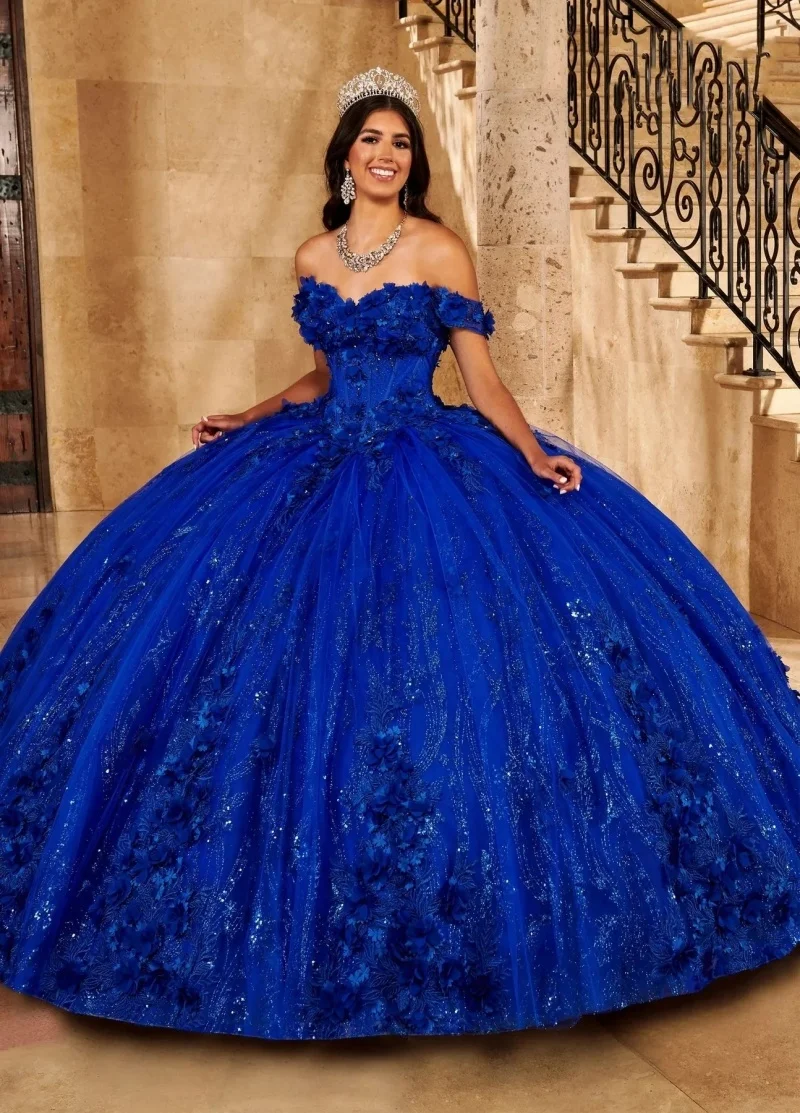 Vestidos de Quinceañera de Charro Azul Real, vestido de baile sin hombros, apliques de cuentas brillantes, flor hinchada, dulce mexicano, 16 vestidos, 15 años