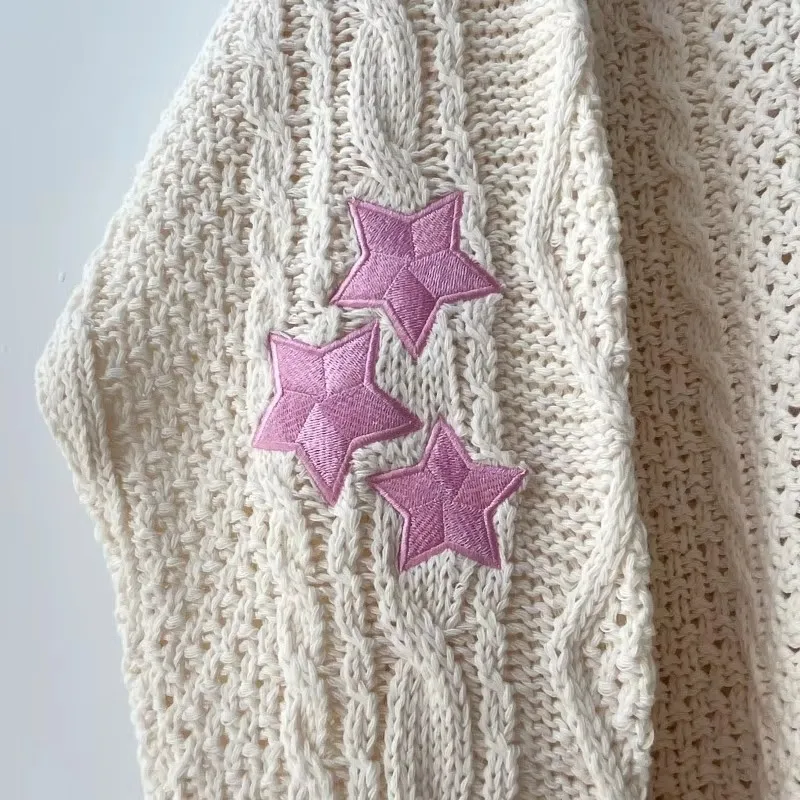 Autumn Heart Shaped Embroidery Lover Cardigan Women Winter Pink Star Cardigans Female Loose Fit Knitted Sweater Oversized Tops