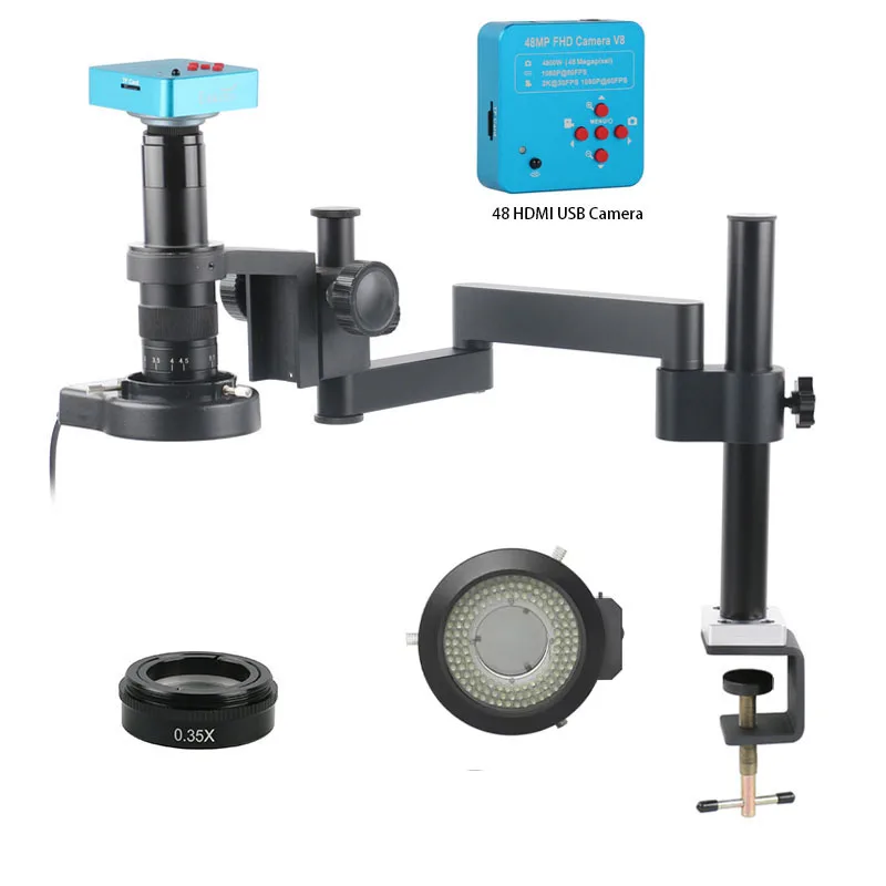 التكبير 180X 48MP FHD 4K HDMI USB صناعة المجهر كاميرا توضيح الذراع دعامة تثبيت مشبك + ضوء مستقطب Led أدوات إصلاح الهاتف