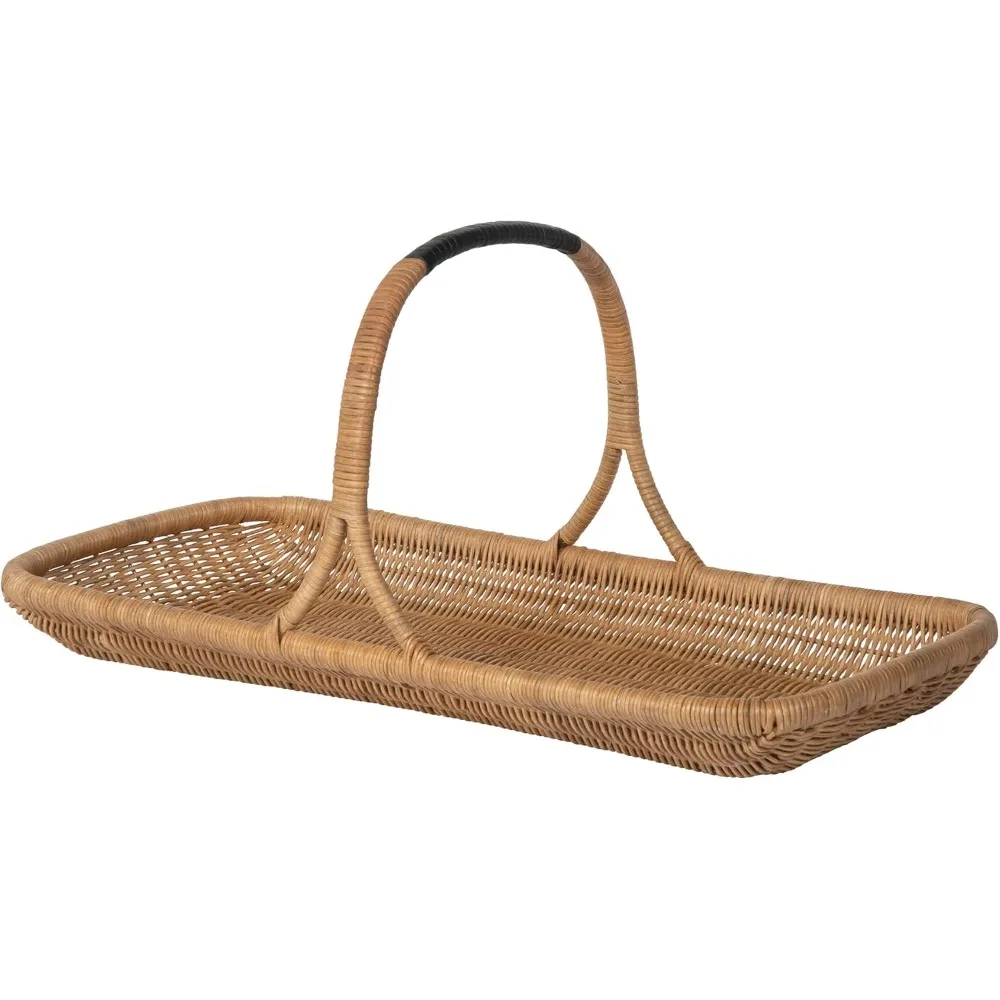 Large Natural Wicker Vegetable Flower Basket with Leather-Wrapped Arch Handle