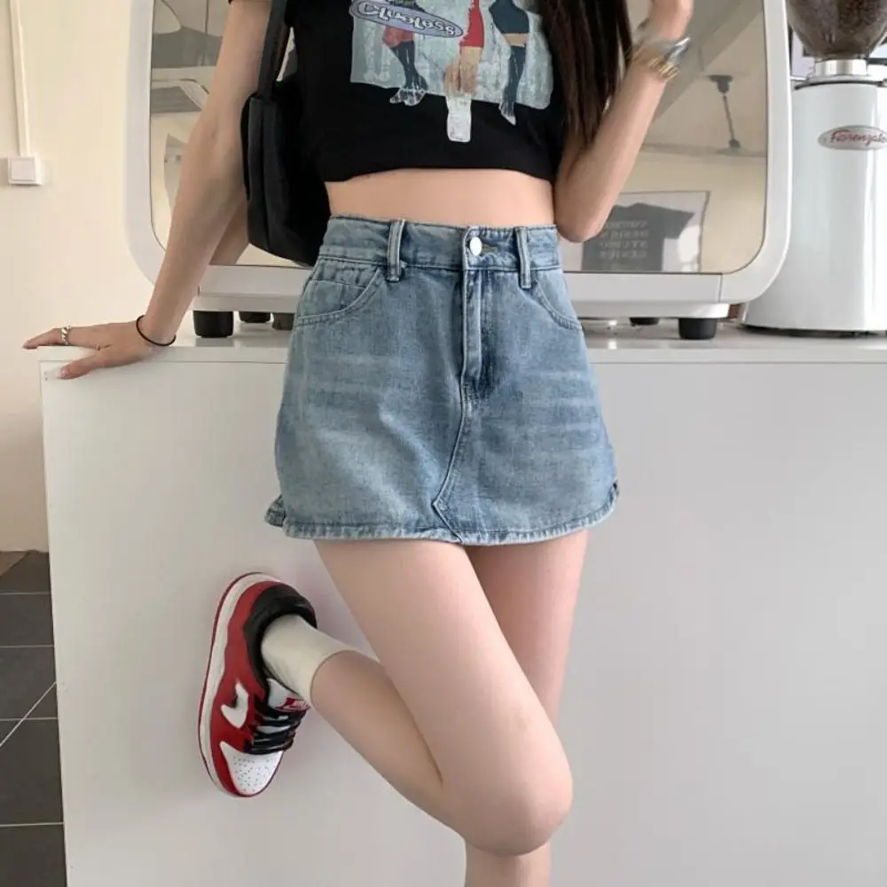 

A-Line Mini Skirt Fashion High Waist Retro Short Skirt Anti Emptied Slim Fit Jean Skirt Women