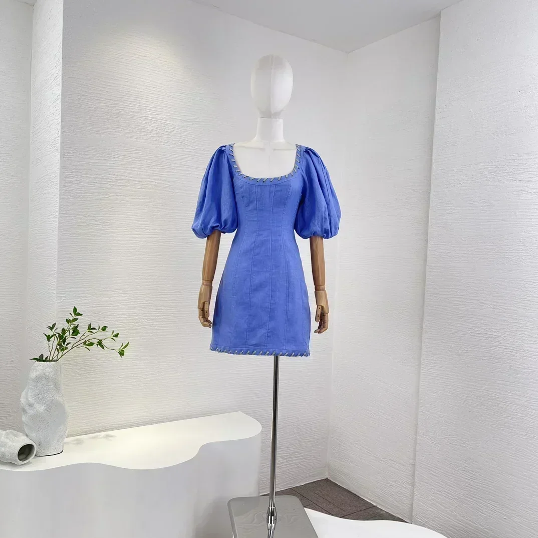 

Big Promotion Green Spring Autumn Top Quality Blue Short Sleeve Mini Dress for Women