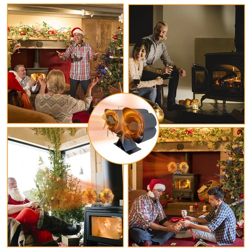 Imagen 2 del producto Ventilador de estufa de leña alimentado por calor, motores silenciosos duales, 4 aspas, ventilador de chimenea de calor no eléctrico con soporte y termómetro magnético