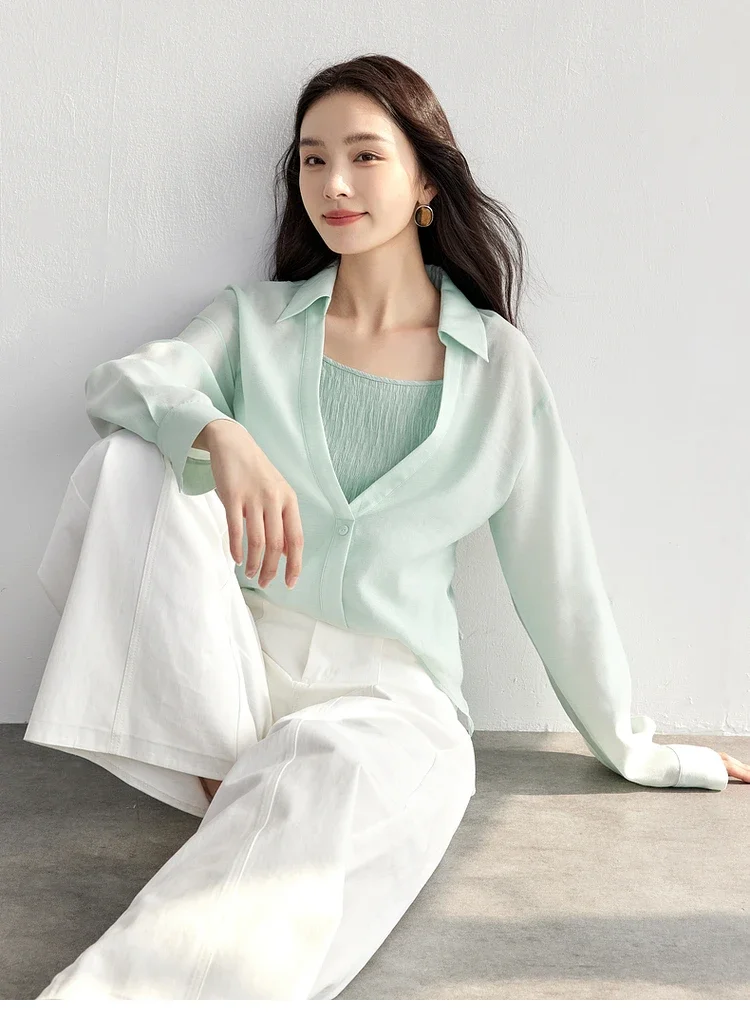 SENTUBILA Lyocell 2 in 1 Women Blouse 2025 Spring Casual Irregular Patchwork Turn Down Collar Solid White Shirts 151C57470